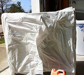 my trick to make furniture stripping super easy, painted furniture, Stick garbage bag to wet Citrustrip and leave for up to 24 hours