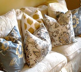 updated sofa with pillows, home decor, living room ideas, painted furniture, Adding new accent pillows really brightened the sofa for a fresh new look I made the gray pillows but purchased the others It s amazing how different the sofa looks in the room just by updating the pillows and few other accessories I m so glad I decided not have it reupholstered