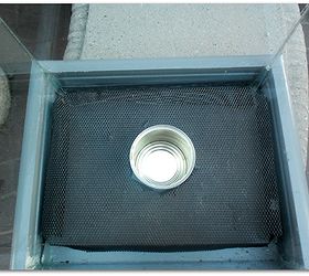 portable mini fire feature, diy, outdoor living, Almost there wooden box is built with the glass structure the steel mesh and can is in place