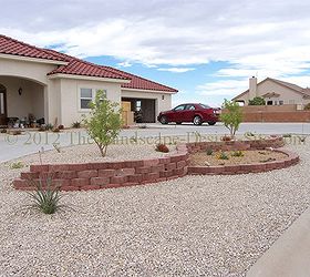 desert southwest landscaping on a small hillside circular driveway using retaining, landscape, outdoor living, Downhill side view of the two level retaining wall gives a better idea of how much slope there is on this circular driveway and front yard
