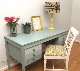 the makeover of a dumpster desk, chalk paint, painted furniture, Everything you see in this pic was second hand The desk was from the dumpster the chair lamp picture frame and flower pots came from the thrift store This is where I do all my blogging too