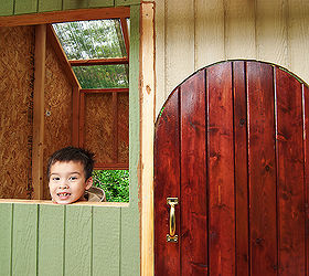 building a treehouse, diy, how to, outdoor living, woodworking projects, We made the door curved and stained it to give it more personality