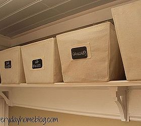how to fake an expensive looking shelf for under 50, diy, how to, shelving ideas, storage ideas, woodworking projects, I found inexpensive linen baskets at Kmart and used chalkboard labels to mark the contents