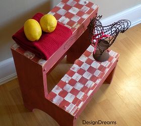 folk art step stool in country red, chalk paint, painting, pull tape off and sand lightly