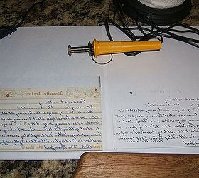 vintage recipe transferred to a cutting board, crafts, painted furniture, I reversed the scanned copy in Paint and made a toner based copy I used the Woodworker s tool to transfer the copy of the card to the cutting board The tool is very hot be careful