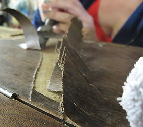 how to strip veneer no fumes no power tools easy, diy, how to, tools, woodworking projects, one or two test runs in the morning reveals very little muscle power at all and it was peeling right off