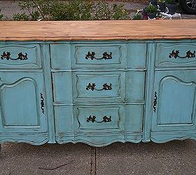 this sideboard was given a thorough sanding and the top was stripped using citristrip, painted furniture, woodworking projects, Turquoise Distressed French Sideboard