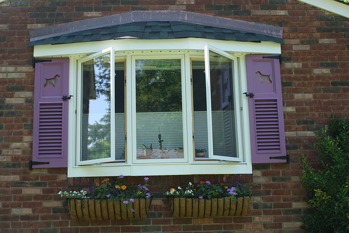 my custom purple shutters, curb appeal, windows, now complete with the addition of window boxes