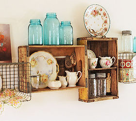 vintage crate shelves decorating diy cottage style, home decor, shelving ideas, My intage soda crate and wire basket shelves