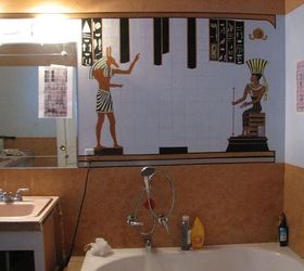 pink is evil according to my husband, bathroom ideas, tiling, And this is the Egyptian theme that will go across the entire wall It s not finished yet I am working on it We call this bathroom now our Wet Tomb or better not say lol