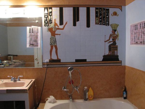 pink is evil according to my husband, bathroom ideas, tiling, And this is the Egyptian theme that will go across the entire wall It s not finished yet I am working on it We call this bathroom now our Wet Tomb or better not say lol