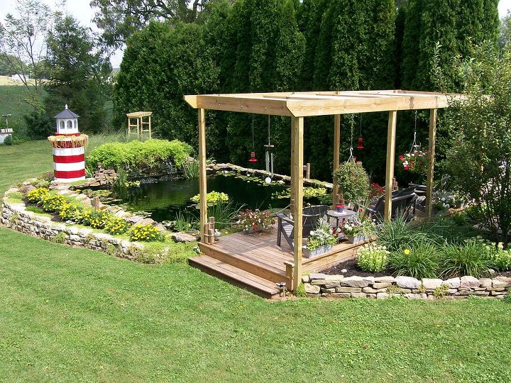 my wonderful husband built this pond and pergola deck for us 2 years ago we love, outdoor living, ponds water features