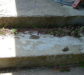 how can i salvage a crumbling cracked 24x24 triangle shaped concrete patio without, another section of same step grows weeds out of it
