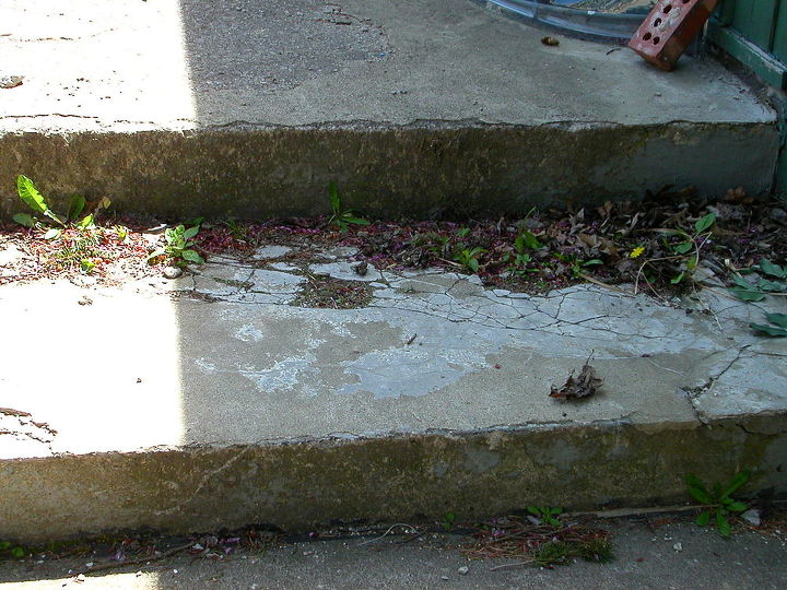 how can i salvage a crumbling cracked 24x24 triangle shaped concrete patio without, another section of same step grows weeds out of it