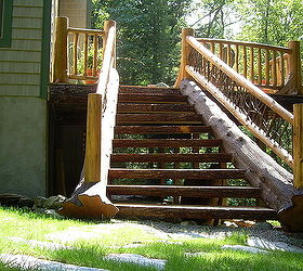 set of custom log stairs 30 degree turn to hit the grade, decks, outdoor living