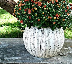 the best makeover for a 1 plastic pumpkin, crafts, decoupage, gardening, Turn an ugly plastic pumpkin into this music sheet planter