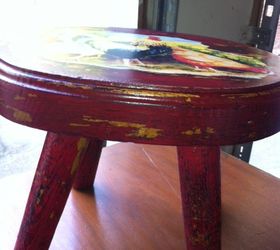 red painted stool with little hen motif, painted furniture