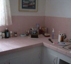 pink is evil according to my husband, bathroom ideas, tiling, Pink tile counter top and partly up the wall