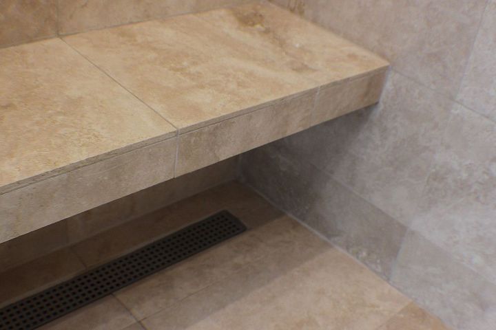 modern bathroom, bathroom ideas, home decor, travertine tiled shower bench with trough style drain below Jamie Dufour Dufour Design LLC Manchester Vt