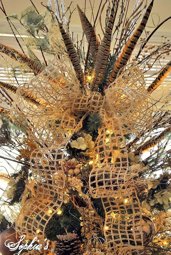 great room rustic christmas, christmas decorations, fireplaces mantels, living room ideas, seasonal holiday decor, branches burlap ribbon pheasant feather tree topper