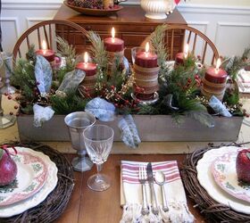 a farmhouse christmas in the dining room, christmas decorations, seasonal holiday decor, wreaths, An old galvanized tool box serves as the centerpiece