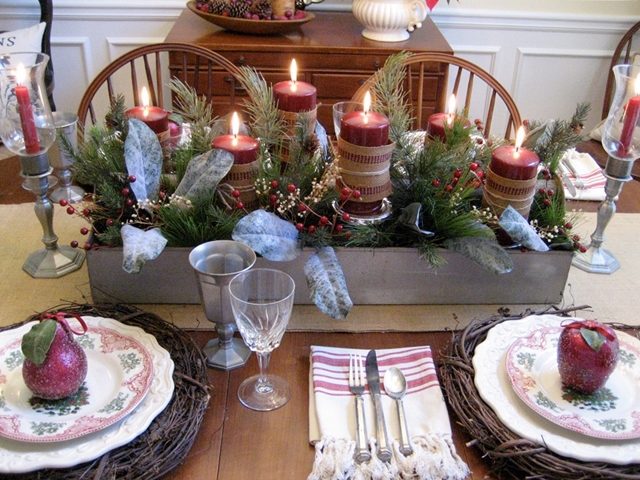 a farmhouse christmas in the dining room, christmas decorations, seasonal holiday decor, wreaths, An old galvanized tool box serves as the centerpiece