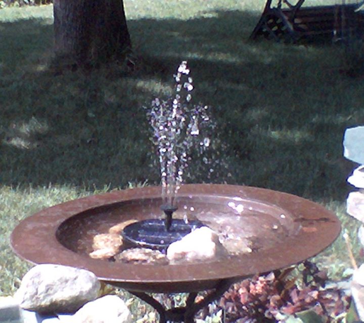 copper birdbath on wrot iron stand 10 floating solar fountain 25 brass, gardening, ponds water features, View from my front stoop where sit and have coffee
