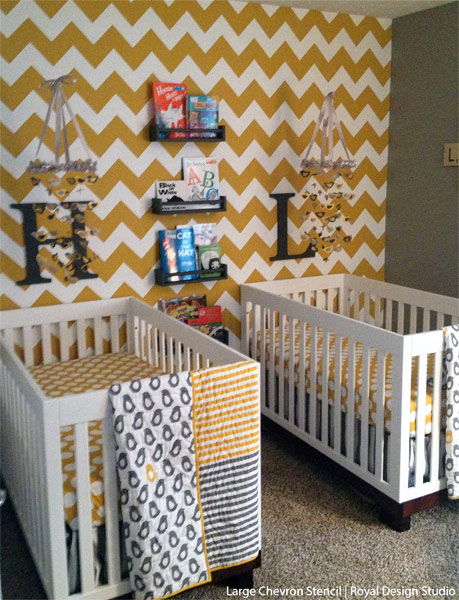 painting chevron and herringbone patterns the easy way with stencils, painted furniture, Stenciled chevron pattern in a twin nursery