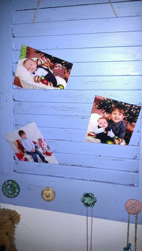 old cabinet shutter photo display and jewelery holder, crafts, repurposing upcycling
