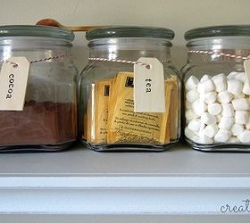 make your own hot beverage bar, home decor, kitchen design, storage ideas, Cocoa tea marshmallows chocolate chips and more toppings