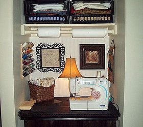 turning a closet into a sewing space, craft rooms, shelving ideas, side walls painted to match the room back wall has bead board paper curtain added to hide clutter and baskets added at the top to organize fabrics Clothes bar is being used to hold the stabilizer fabrics for my embroidery machine