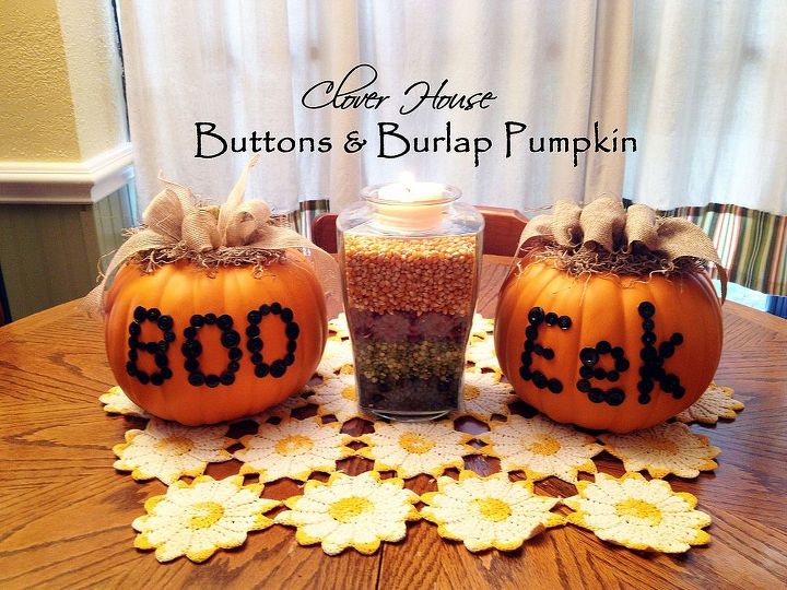 buttons and burlap pumpkins, seasonal holiday decor, Foam pumpkin buttons burlap ribbon makes a really cute Fall decoration