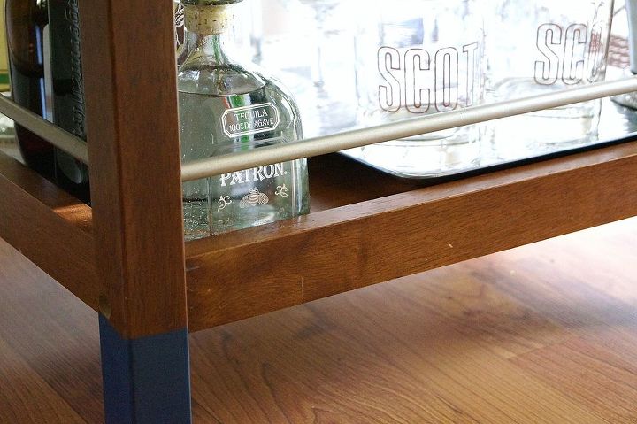 bar cart makeover, painted furniture, The wood was in great condition so I didn t want to cover it up And because I love the look I dipped the legs in some navy paint for a fun addition of color