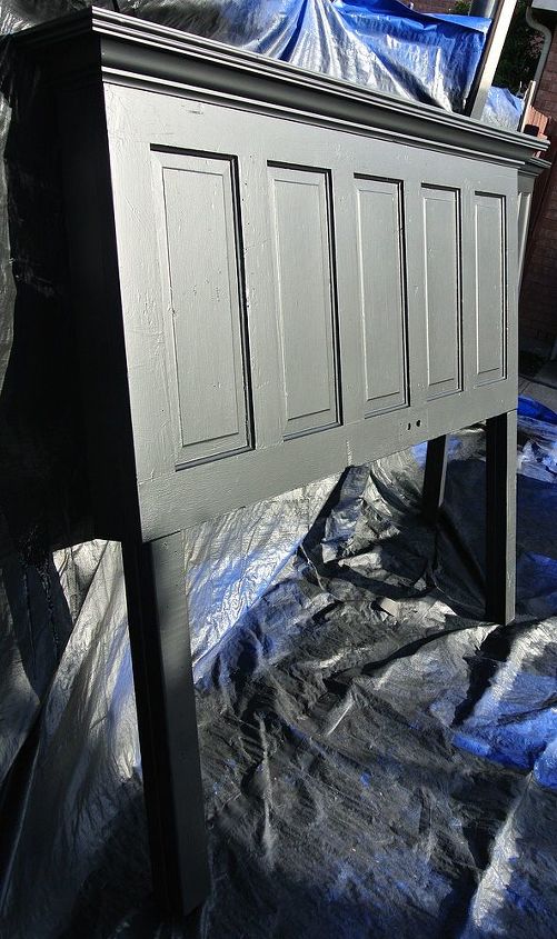 satin black 5 panel door headboard distressed and finished looks, bedroom ideas, painting, 90 year old door made for a king size bed