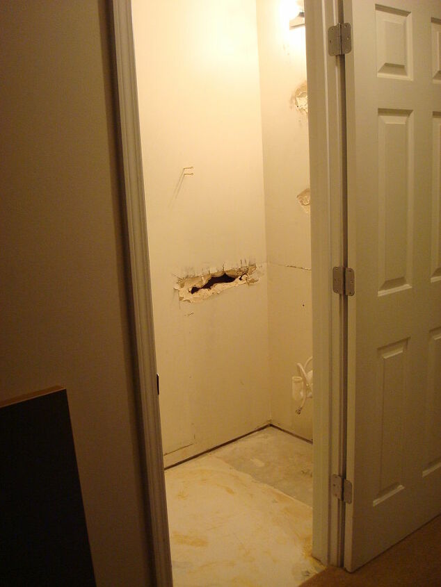 half bath remodel, bathroom ideas, home improvement, During vanity cabinet has been removed damaging the drywall