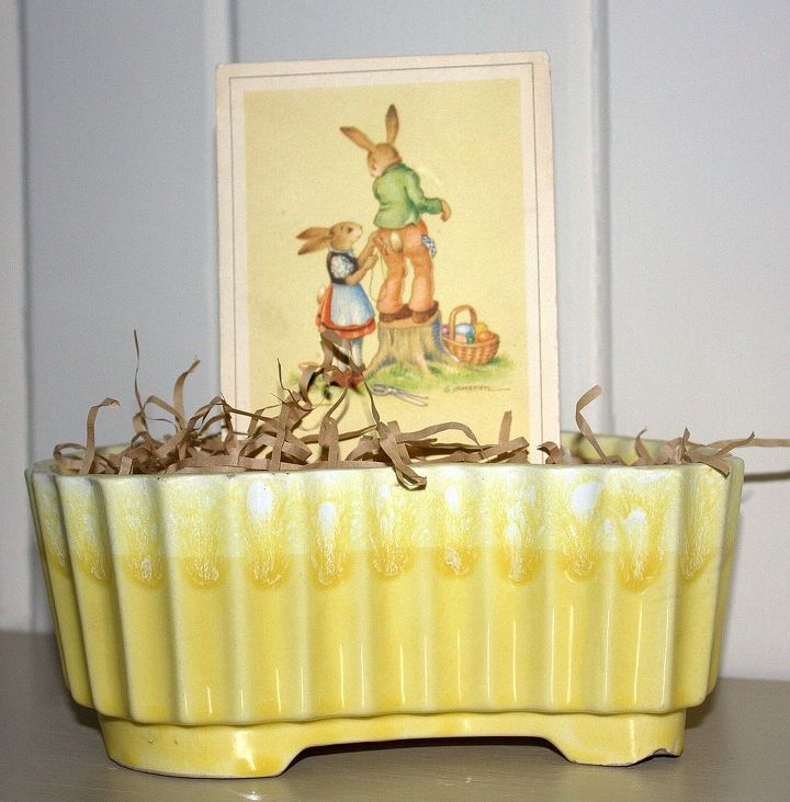 easter mantel with both a vintage and modern touch, easter decorations, repurposing upcycling, seasonal holiday d cor, wreaths, Vintage German post card in a vintage pot