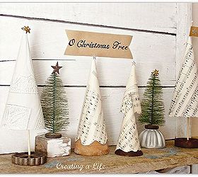 vintage style mini christmas trees, christmas decorations, repurposing upcycling, seasonal holiday decor, I rolled vintage sheet music into tree shapes You can also print sheet music from your computer Just use any kind of paper you like