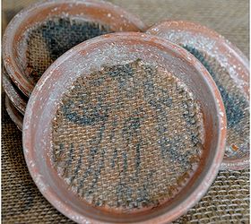 easy diy terra cotta coasters, crafts, decoupage, Cut burlap ribbon into circles and adhere with Mod Podge I add a coat of Mod Podge on top of the ribbon let dry completely and seal with Polyurethane let dry add self stick cork or felt to the bottom of the coasters