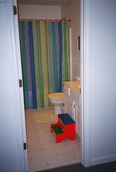 from playful kid s bathroom to sophisticated adult teen bathroom on a budget not, bathroom ideas, diy, home decor, BEFORE old water guzzling toilet laminate counters vinyl flooring the mirror was the old giant mirror with the 8 giant light bulbs on the top yes you know the one that looks like a giant makeup mirror