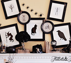 a black white halloween mantel, halloween decorations, seasonal holiday d cor, I downloaded free clipart and sized the images to fit the picture frames