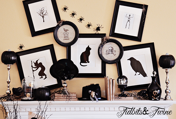 a black white halloween mantel, halloween decorations, seasonal holiday d cor, I downloaded free clipart and sized the images to fit the picture frames