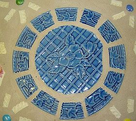 mosaic table for the patio or garden, outdoor furniture, painted furniture, tiling, Center piece which is a plate from Portugal cut up with a tile cutter