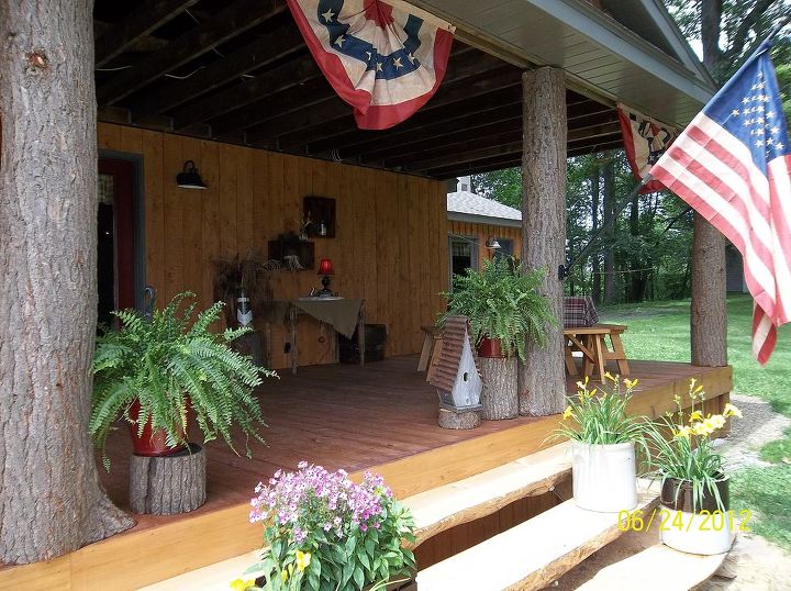 our newest rustic addition, outdoor living, porches, Hand made log steps thanks to my husband