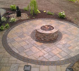 techo bloc blu 60 with villagio banding gas firepit and aquabasin make for a, As a subtle detail the main patio was Blu 60 and the circle was switched to the distressed version of Techo bloc s paver