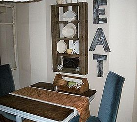 pallet plate rack eat sign, crafts, pallet, repurposing upcycling, Just took one pallet apart and used pieces to create shelves for my plate rack