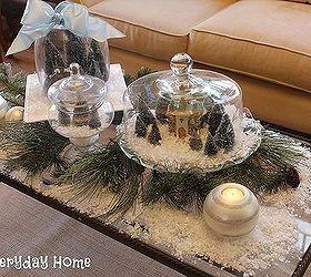 create a mini snow village with cake plates and cloches, christmas decorations, seasonal holiday decor
