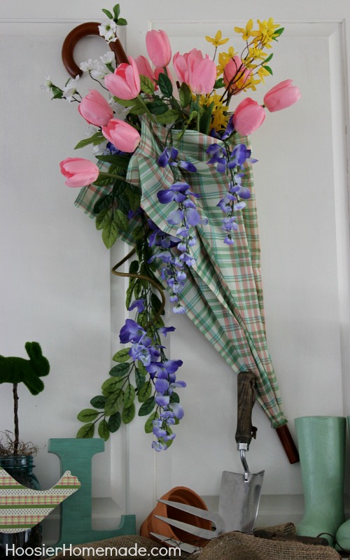 spring mantel, seasonal holiday d cor, Umbrella filled with silk flowers