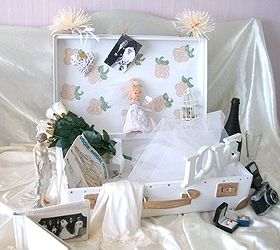 re purposing an old vintage battered suitcase, home decor, repurposing upcycling, Bridal Showere Honeymoon Suitcase finished