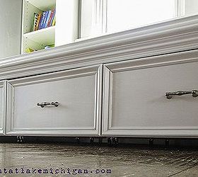 our window seat family library, diy, home decor, how to, storage ideas, A close up of the finished drawers painted white with bushed nickel hardware