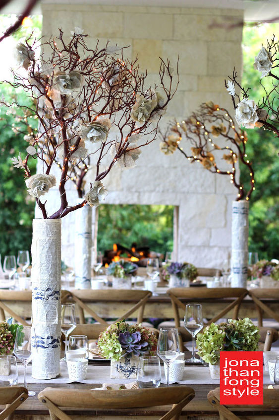 modern farm thanksgiving tablescape, seasonal holiday d cor, thanksgiving decorations, I placed manzanita branches in tall vases decorating the branches with fairy lights and flowers made of dictionary pages